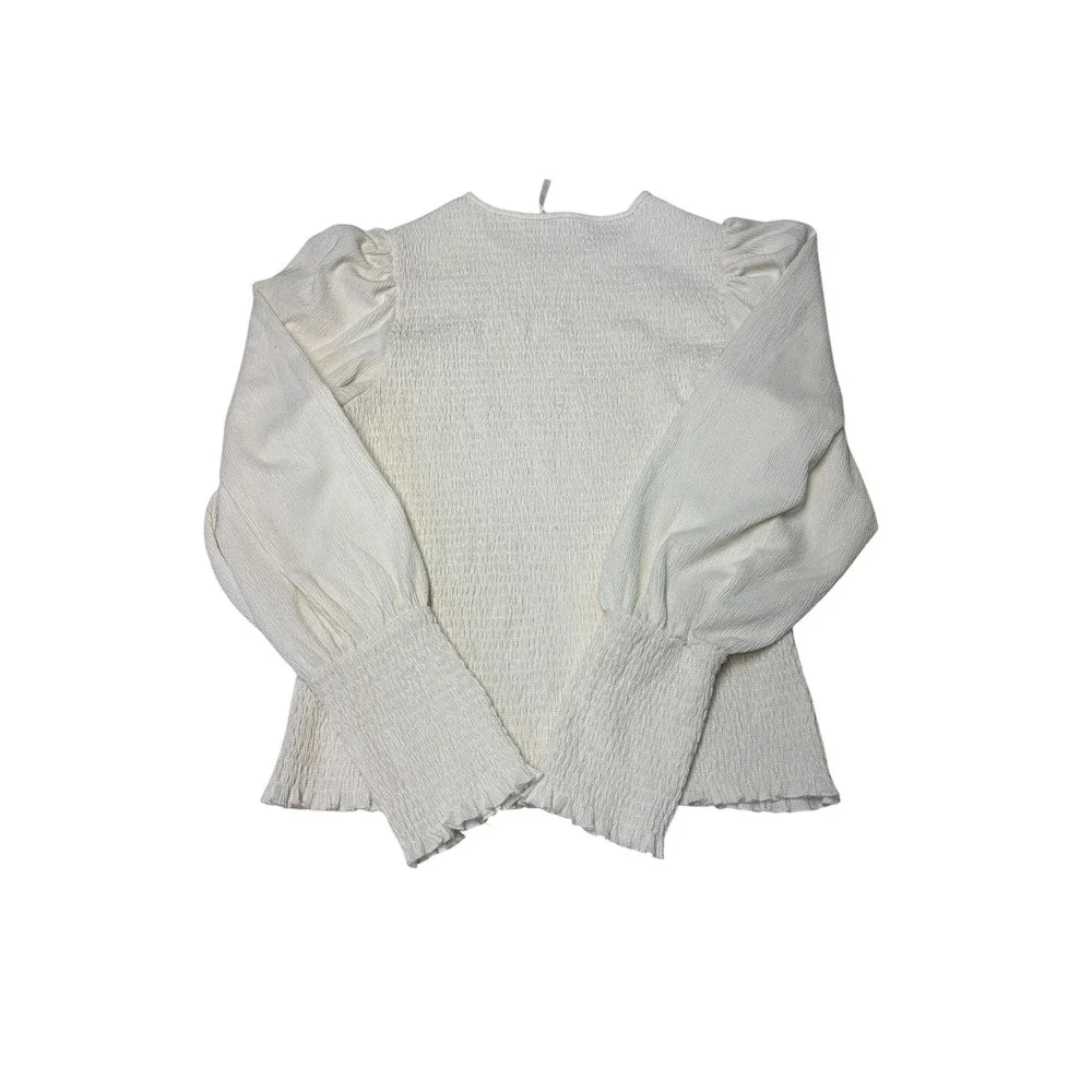 Anthropologie Ivory Smocked Puff Sleeve Blouse XL Cream Textured Top‎